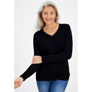 Style & Co Black Cotton Cable Knit V Neck Sweater Wardrobe Essential Women Sz M
